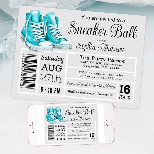 Convite Etiqueta de Sapato de Festa de Aniversário de Bola (Teal sneaker ball invitation shoe label style. Available for instant download and print.)