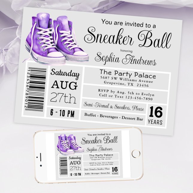 Convite Etiqueta de Sapato de Festa de Aniversário de Bola (Purple sneaker ball invitation shoe label style. Available in instant download and print files.)