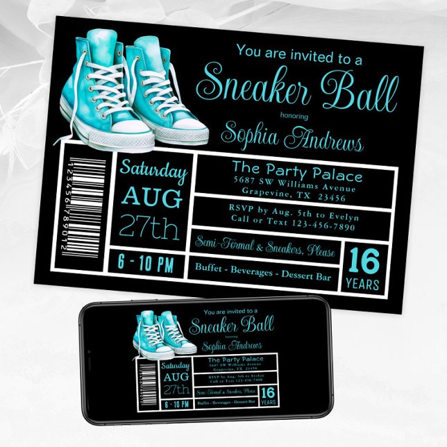 Convite Etiqueta de Sapato para Festa de Aniversário de Bo (Teal sneaker ball invitation shoe label style. Available for instant download and print.)