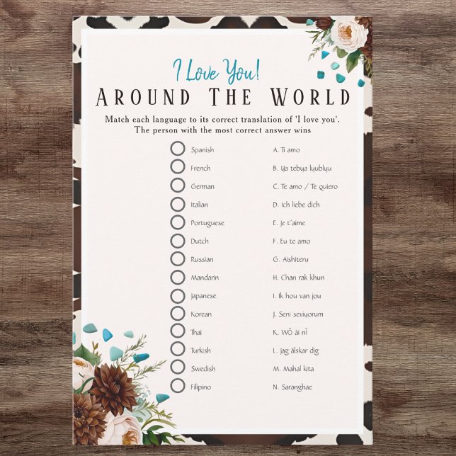 Convite Eu amo o jogo de chuveiro de noiva Boho ao redor d (I love around the world Boho Bridal shower game)