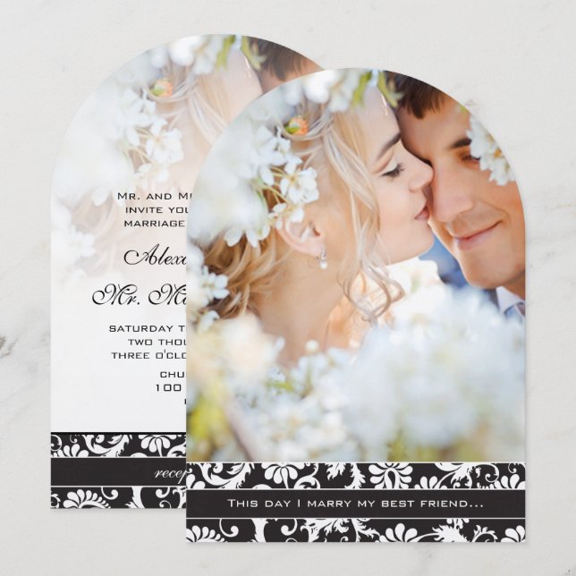 Convite Eu caso com a foto do meu melhor amigo Damask Wedd (Frente/Verso)