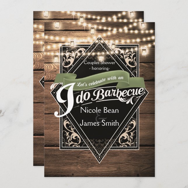 Convite EU FAÇO BARBECO CHURRASCO Rústico Madeira & Luzes  (Frente/Verso)