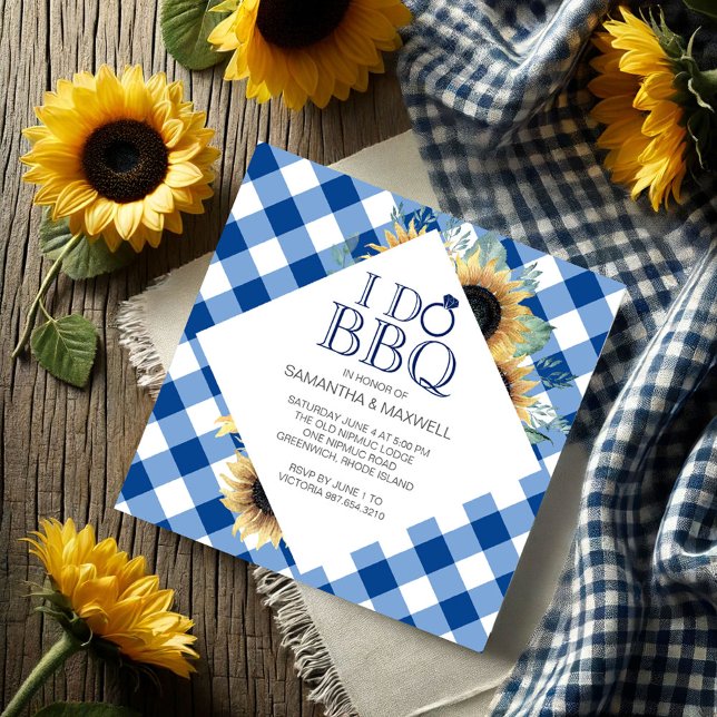 Convite Eu faço Chá de Casais de CHURRASCO (I do bbq invitations features sunflowers and blue gingham print. )