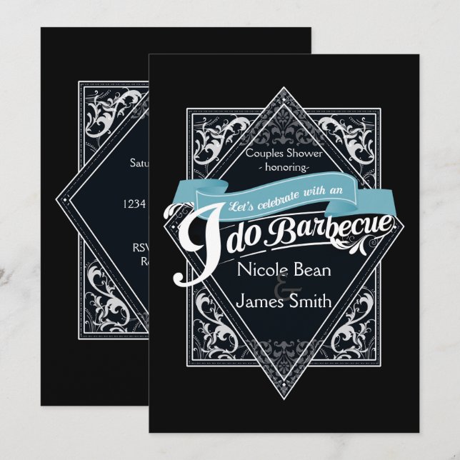 Convite EU FAÇO CHURRASCO BBQ Elegante Noivado Preto e Bra (Frente/Verso)