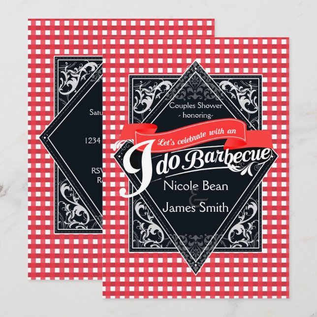 Convite EU FAÇO CHURRASCO BBQ Xadrez Vermelho Branco Anel  (Frente/Verso)