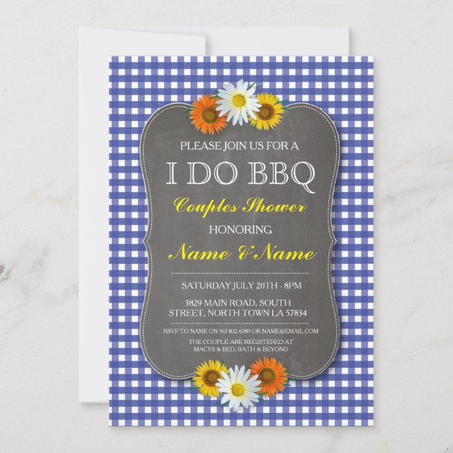 Convite Eu FAÇO CHURRASCO Chás Rustic Blue Floral Invite (Frente)