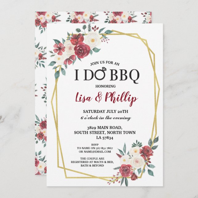 Convite Eu Faço Churrasco Compromisso Moldura Dourada Flor (Frente/Verso)