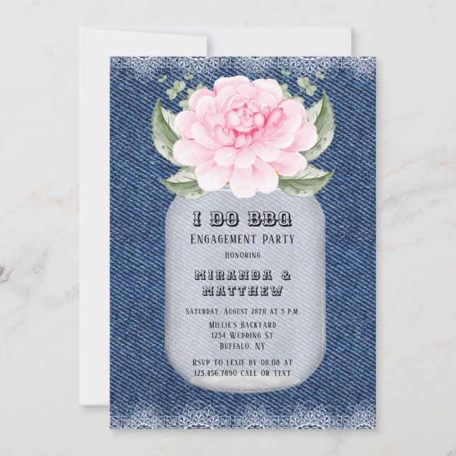 Convite Eu Faço CHURRASCO Mason Jar Pink Peony Festa de no (Frente)