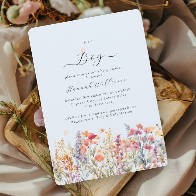 Convite Eu sou um menino! Moderno, Flor Selvagem, Chá de f (Criador carregado)