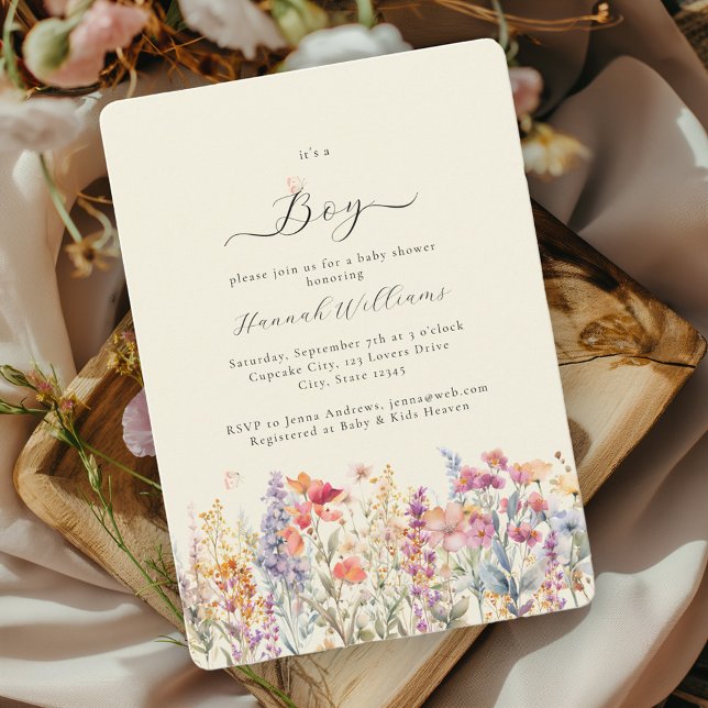 Convite Eu sou um menino! Moderno, Flor Selvagem, Chá de f (Criador carregado)