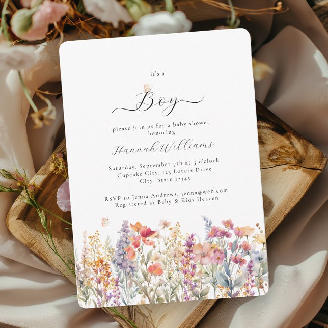 Convite Eu sou um menino! Moderno, Flor Selvagem, Chá de f (Criador carregado)