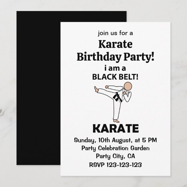 Convite Eu sou uma festa de aniversário de Karate Faixa Pr (Frente/Verso)