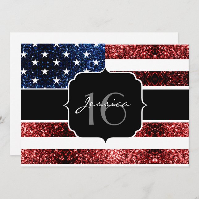 Convite EUA bandeira vermelho brilho azul brilho doce 16 c (Frente/Verso)