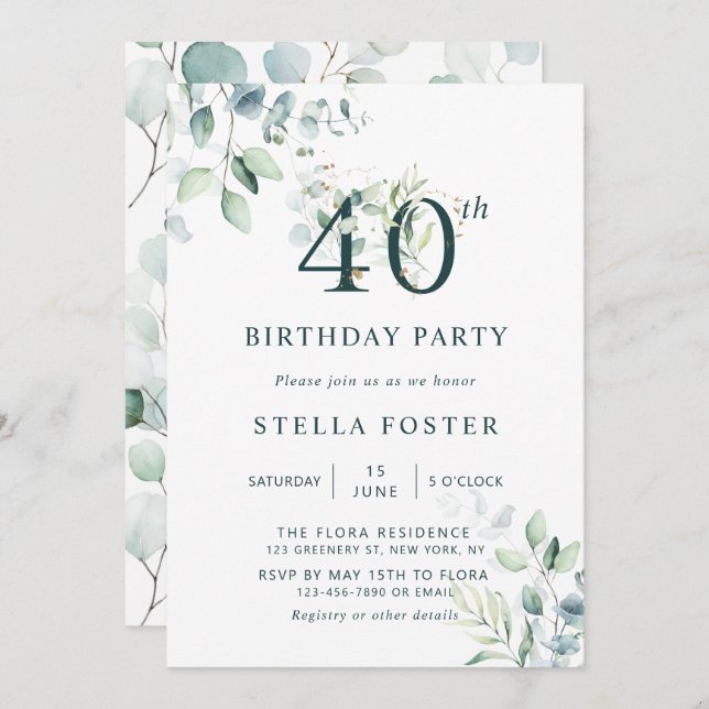 Convite Eucalipto, aniversário de 40 anos (Frente/Verso)