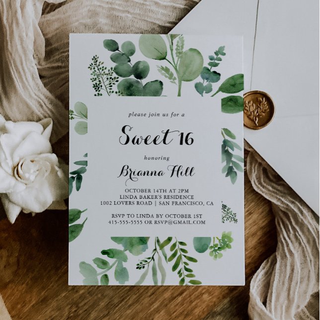 Convite Eucalipto Calliografia Doce 16 Festa de aniversári (Criador carregado)