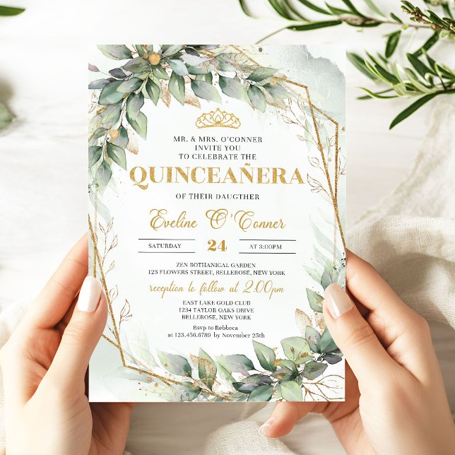 Convite Eucalipto-chic, verde-ouro, brilho Quinceañera (Lavish eucalyptus greenery gold glitter quinceanera invitation with gold tiara)