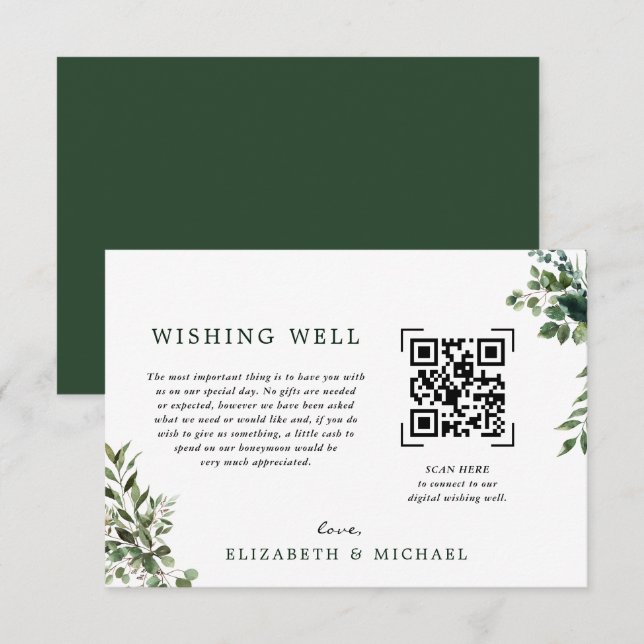 Convite Eucalipto | Código QR Scan Poço de Desejos Casamen (Frente/Verso)