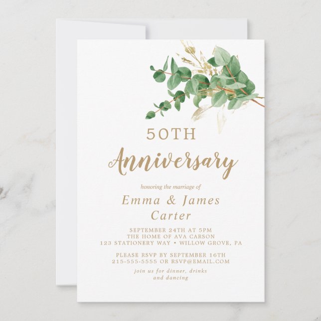 Convite Eucalipto com Veias Douradas Aniversário de 50 ano (Frente)