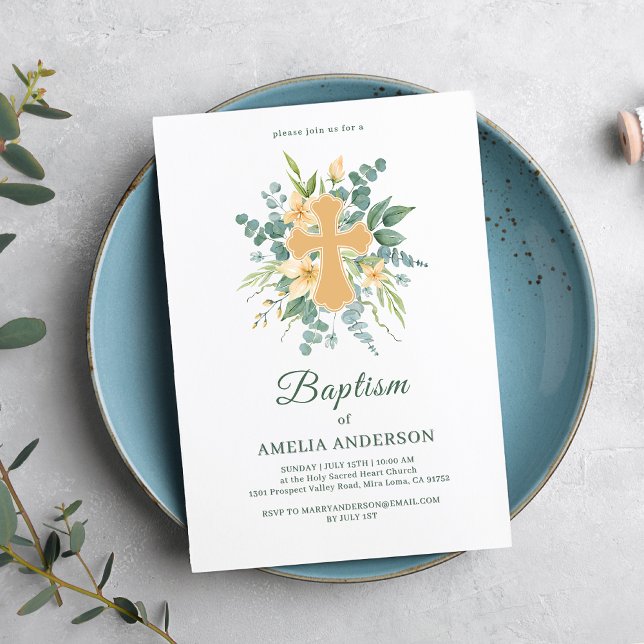 Convite Eucalipto Dourado Cruz Elegante (Criador carregado)