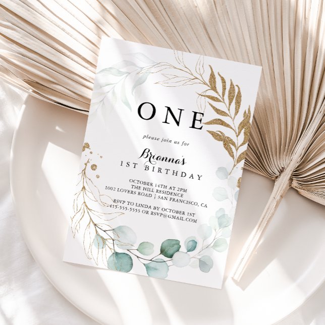 Convite Eucalipto Dourado Festa de aniversário Floral de P (Criador carregado)