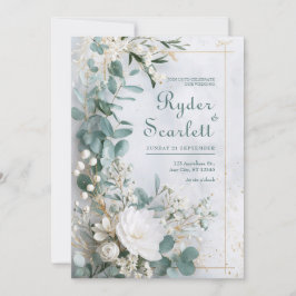 Convite Eucalipto Dourado Floral Branco Casamento à Beira-
