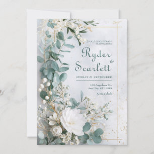 Convite Eucalipto Dourado Floral Branco Casamento à Beira-
