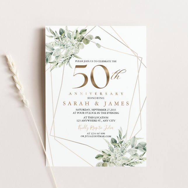 Convite Eucalipto Dourado Geométrico 50º Aniversário  (Eucalyptus Gold Geometric 50th Anniversary Invitation)