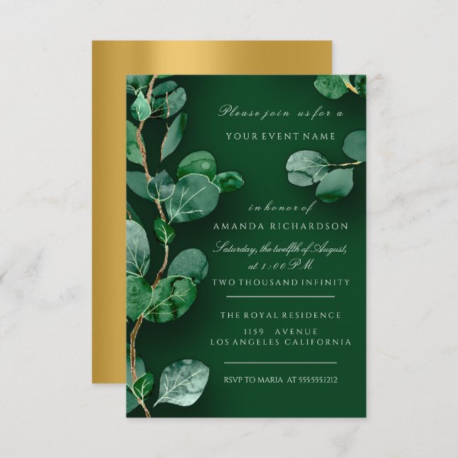 Convite Eucalipto Dourado Verde Casamento Aniversário (Frente/Verso)