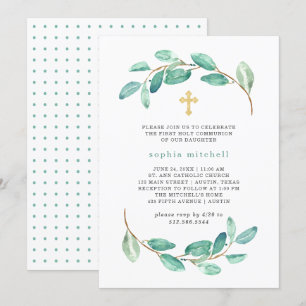 Convite Eucalipto e Cruz Dourada   Primeira Comunhão Santa