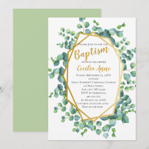 Convite Eucalipto e Moldura Dourada Floral Verde Batismo