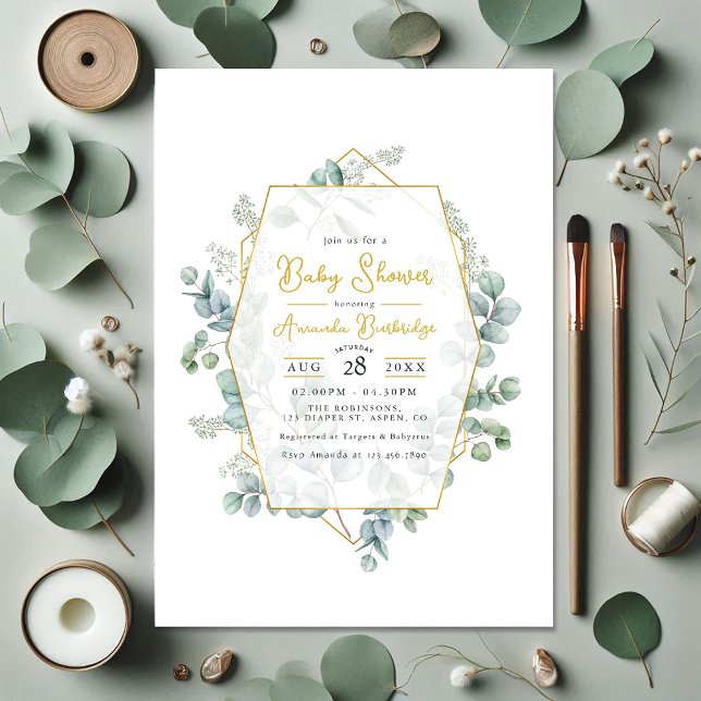 Convite Eucalipto Elegante e Chá de fraldas Geométrico Dou (Elegant Eucalyptus and Gold Geometric Baby Shower Invitation)