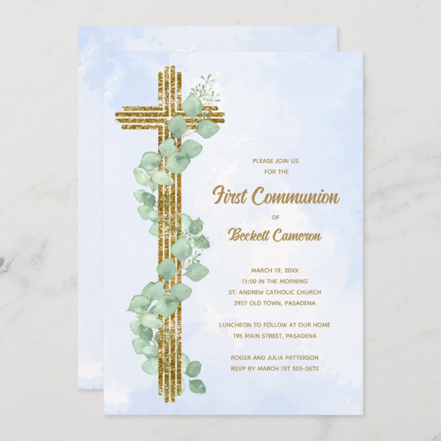 Convite Eucalipto Elegante e Cruz Azul Primeira Comunhão (Frente/Verso)