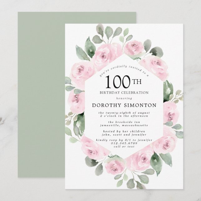 Convite Eucalipto Floral 100ª Festa de aniversário rosa (Frente/Verso)