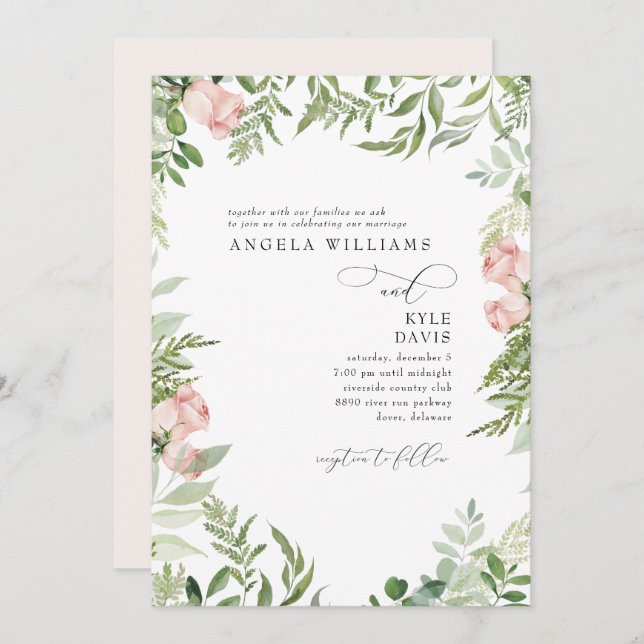 Convite Eucalipto Floral Elegante, Rosa/Blush, Sem Pais (Frente/Verso)