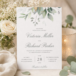 Convite Eucalipto Folhagem Dourada Elegante Casamento
