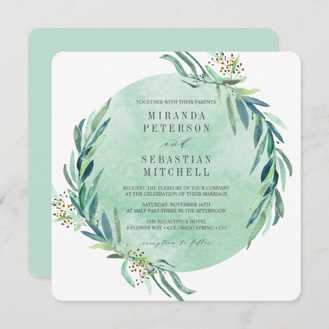 Convite Eucalipto Fresco Deixa Casamento Botânico (Frente/Verso)