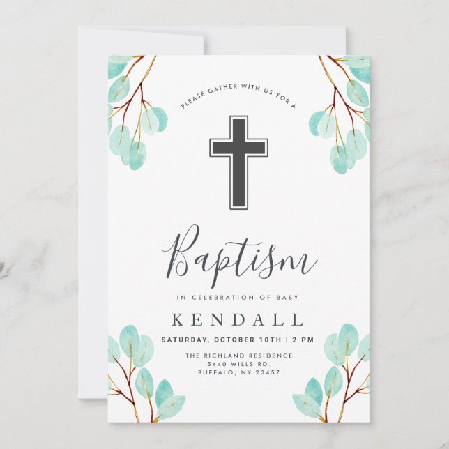 Convite Eucalipto fresco | Greenery Themed Baptism (Frente)
