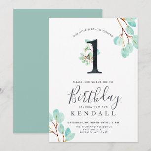 Convite Eucalipto fresco Greenery Themed primeiro aniver