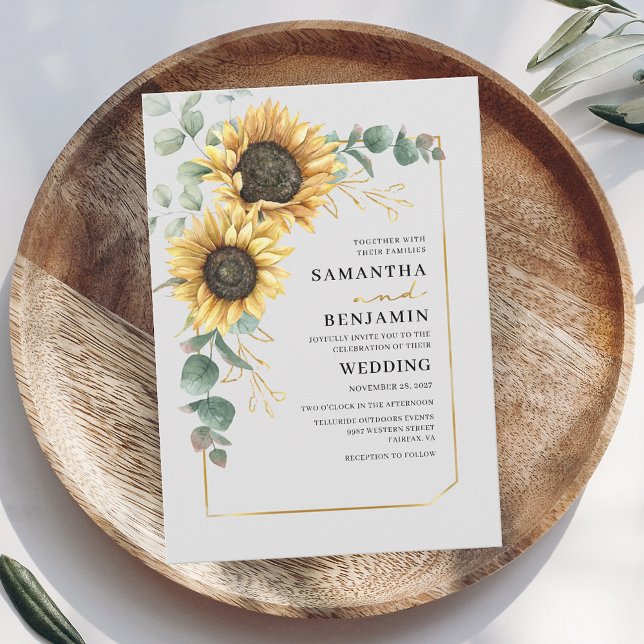 Convite Eucalipto Girassol Floral Casamento (Floral Sunflower Eucalyptus Greenery First Names Wedding Invitation)