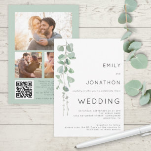 Convite Eucalipto Moderno 3 Fotos Código QR Casamento