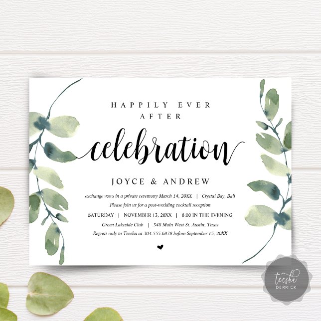 Convite Eucalipto Moderno, Celebração de Casamento Fugitiv (Wedding Elopement Dinner, Party, Celebration Invitation card, Modern Eucalyptus, Downloadable)