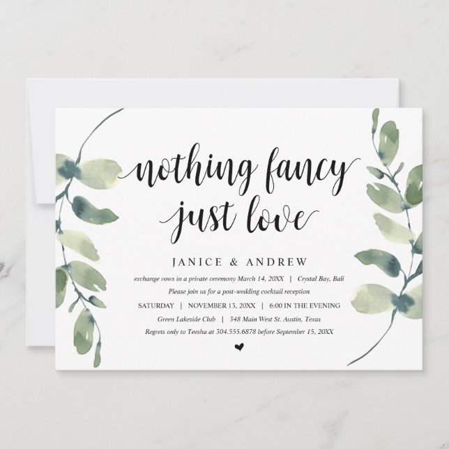 Convite Eucalipto Moderno, Preto, Festa de Casamento Intim (Frente)