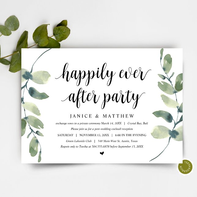 Convite Eucalipto Moderno, Preto, Festa de Elopamento de C (Wedding Elopement Party,  Dinner and Dancing Invitation Card, in Modern Eucalyptus Greenery themed)