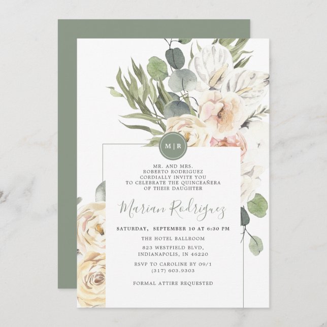 Convite Eucalipto Monograma Floral Único Quinceañera (Frente/Verso)