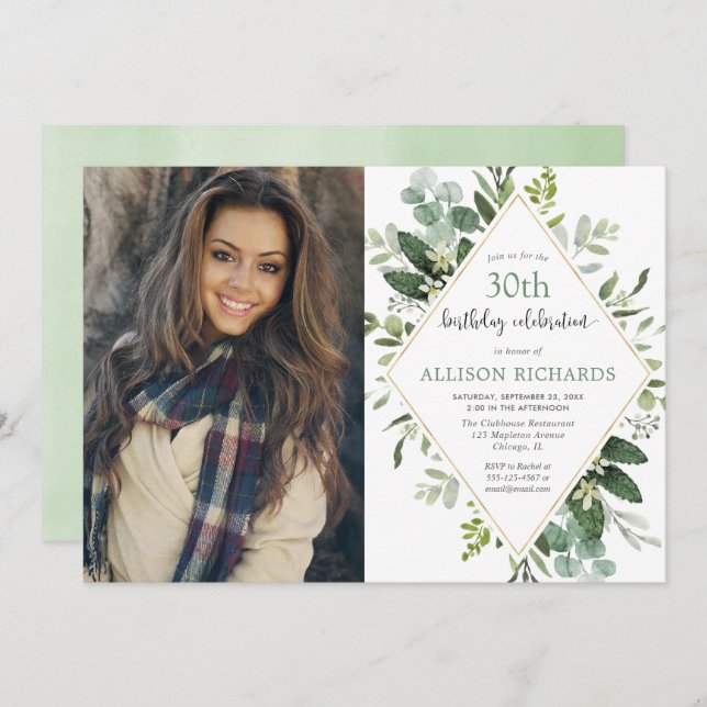 Convite Eucalipto ouro em qualquer idade, foto de aniversá (Frente/Verso)