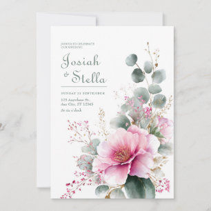 Convite Eucalipto Pink Bloom Dourado Glitter Aquarela