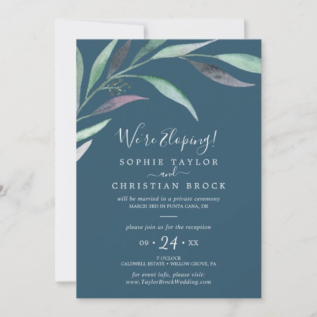 Convite Eucalipto Roxo Verde | Recepção de Casamento Azul (Frente)