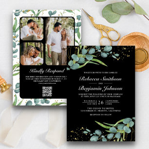 Convite Eucalipto Rústico Código QR de Foto Preto Casament