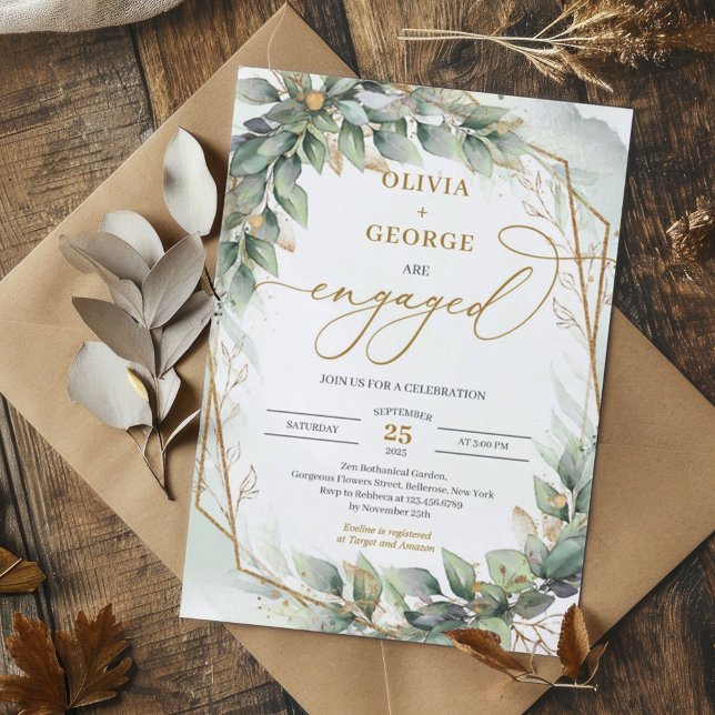 Convite Eucalipto verde-boêmico e noivado de ouro (Watercolor eucalyptus leaves and gold frame engagement invitation digital )