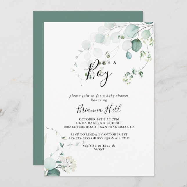 Convite Eucalipto Verde de Verão É um Chá de fraldas (Frente/Verso)